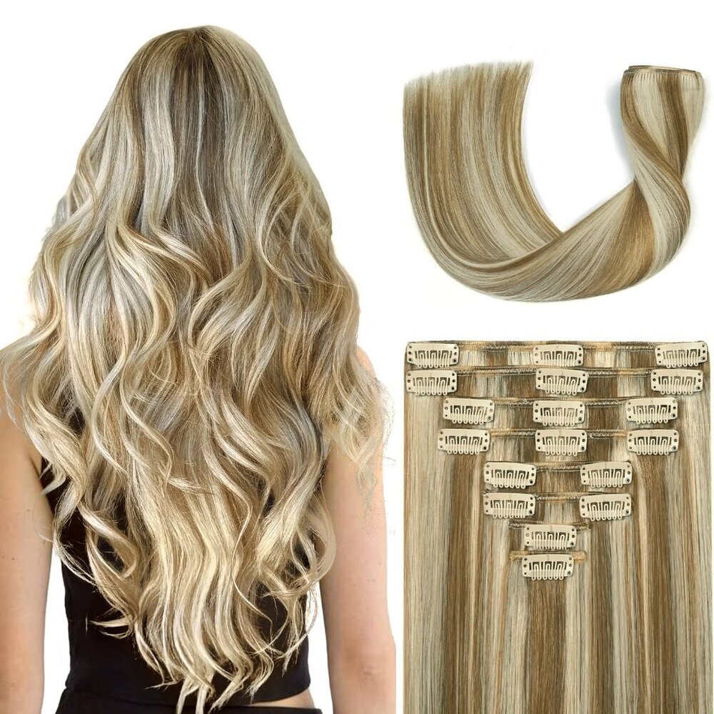 Clip In Hair Extensions Human Hair 20inch Blonde Double Weft Natural Style